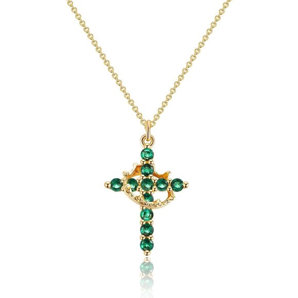 Perfect Gifts Women's Crown M05 Emerald Cross Necklace Gold Plated Faith Jewelry - Picture 1 of 8